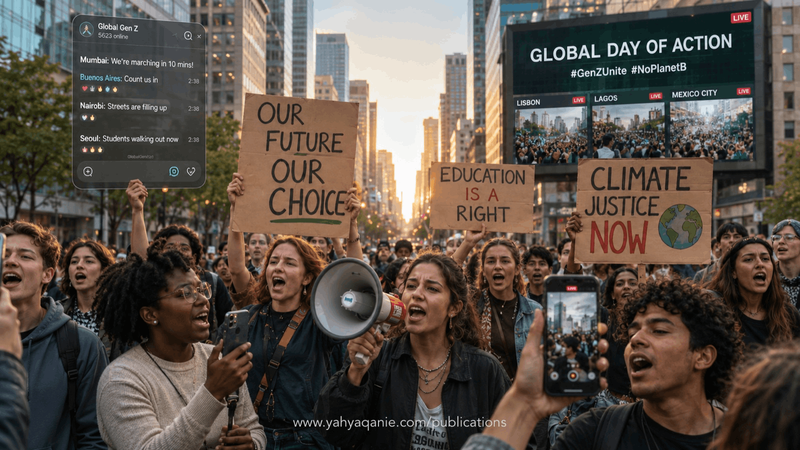 Global youth protest with digital coordination screens