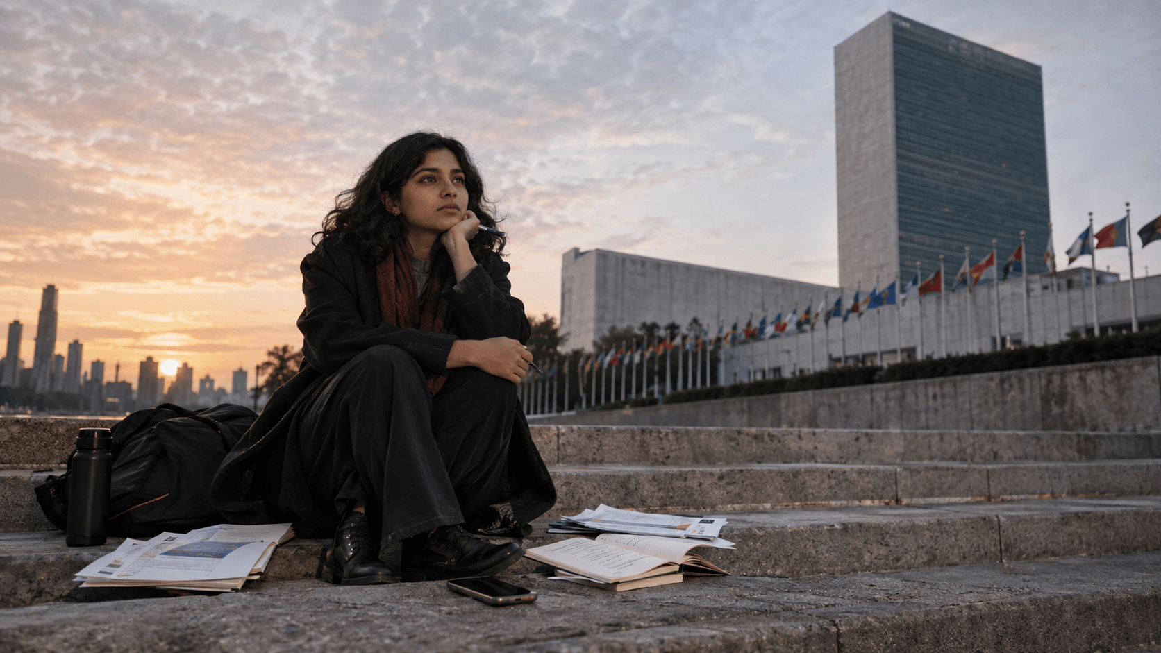 Young woman seated with notebooks outside the United Nations headquarters at sunset