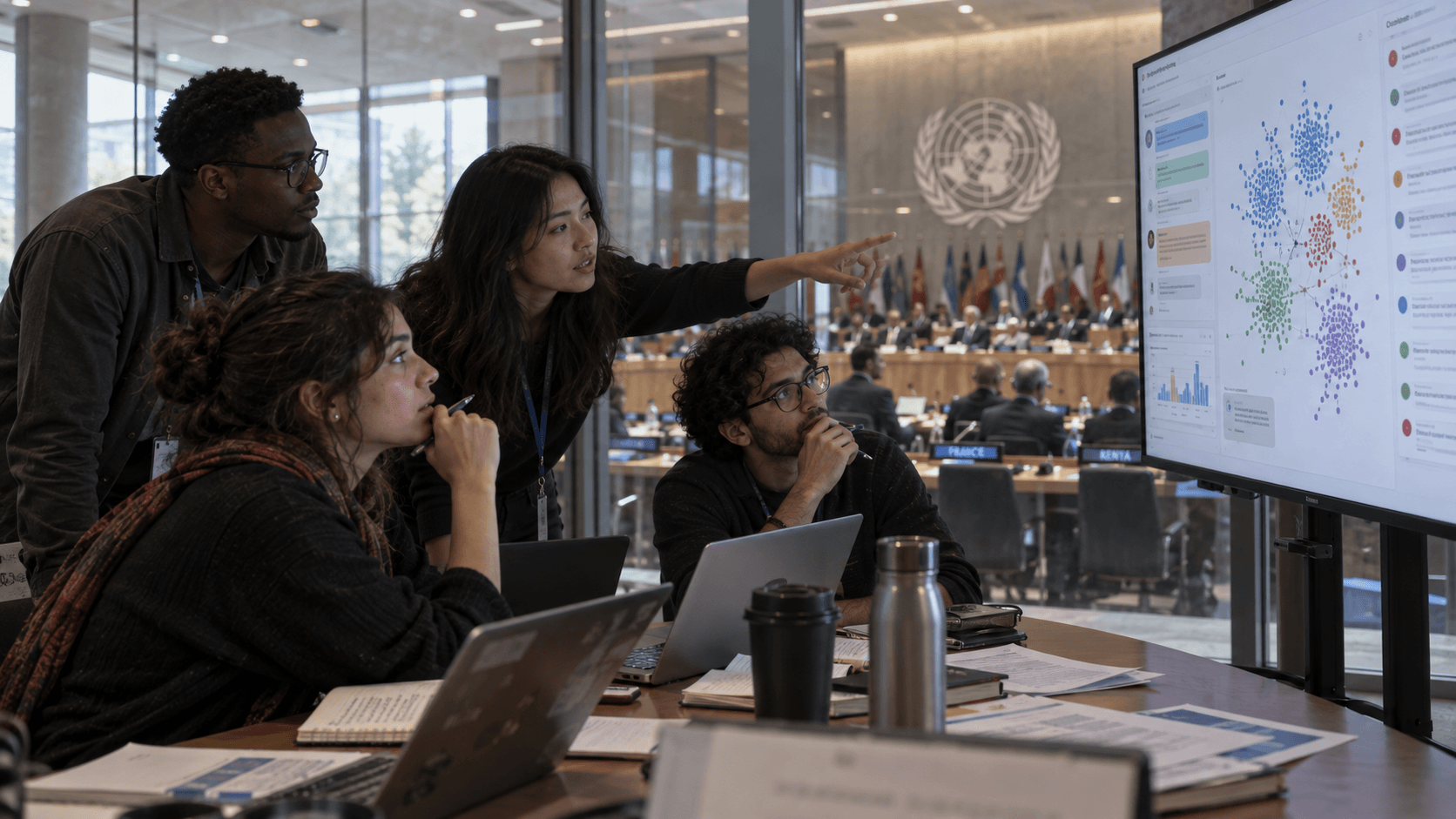 Young participants reviewing a digital deliberation visualization in a United Nations conference setting
